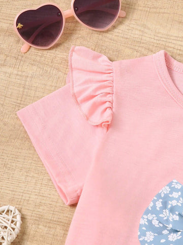 Summer Young Girl Casual Figure Back Print Short Sleeve T-Shirt + Floral Print Shorts Two-Piece Set