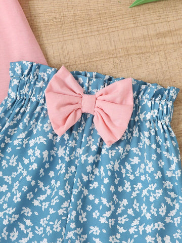 Summer Young Girl Casual Figure Back Print Short Sleeve T-Shirt + Floral Print Shorts Two-Piece Set