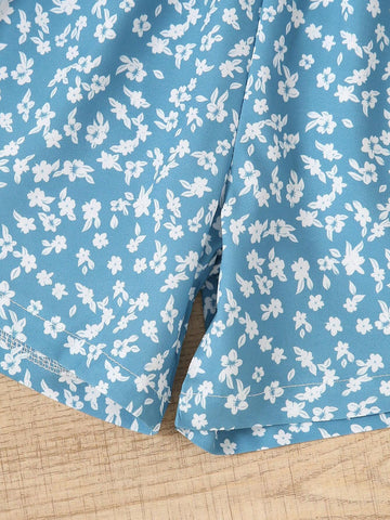 Summer Young Girl Casual Figure Back Print Short Sleeve T-Shirt + Floral Print Shorts Two-Piece Set