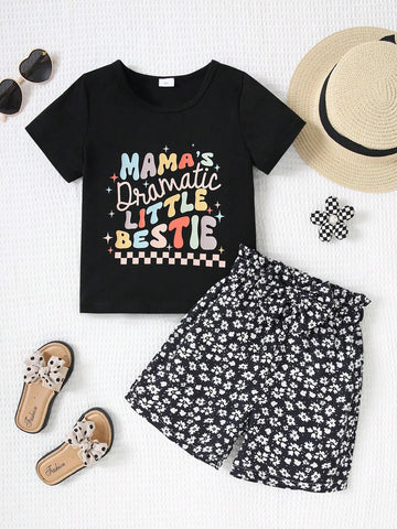Summer Young Girl Casual Letter Printed Short Sleeve T-Shirt + Floral Shorts 2-Piece Set