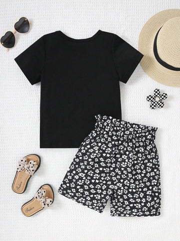 Summer Young Girl Casual Letter Printed Short Sleeve T-Shirt + Floral Shorts 2-Piece Set