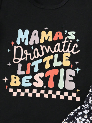 Summer Young Girl Casual Letter Printed Short Sleeve T-Shirt + Floral Shorts 2-Piece Set