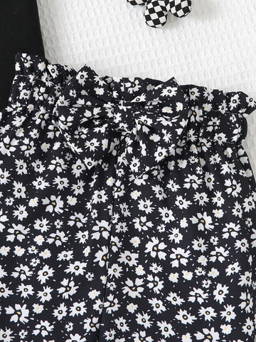 Summer Young Girl Casual Letter Printed Short Sleeve T-Shirt + Floral Shorts 2-Piece Set