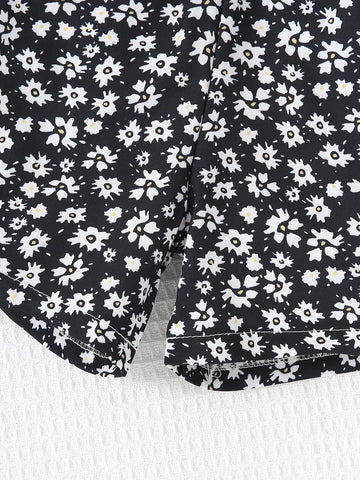 Summer Young Girl Casual Letter Printed Short Sleeve T-Shirt + Floral Shorts 2-Piece Set