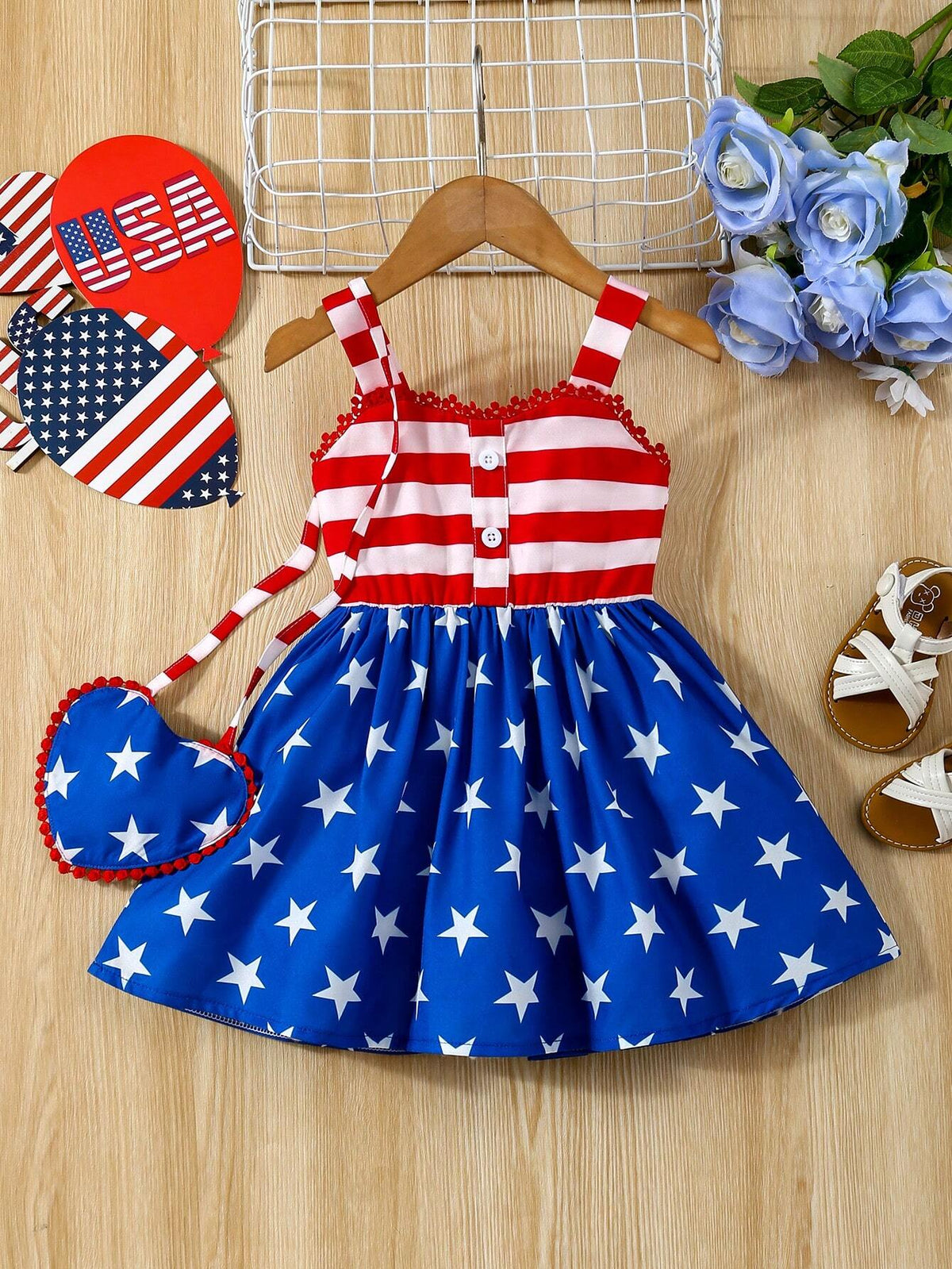 Summer Young Girl Independence Day Button Strap Dress + Lace Stripe Small Crossbody Bag