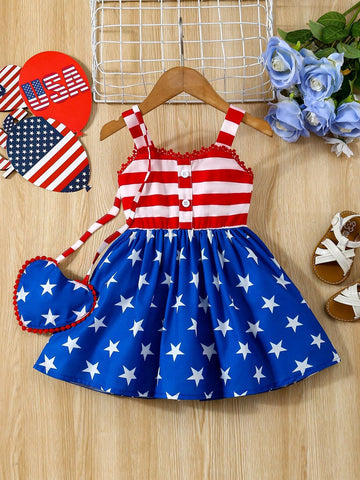 Summer Young Girl Independence Day Button Strap Dress + Lace Stripe Small Crossbody Bag