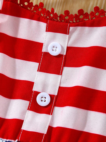 Summer Young Girl Independence Day Button Strap Dress + Lace Stripe Small Crossbody Bag