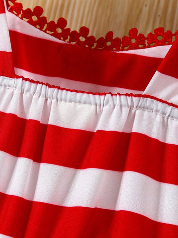 Summer Young Girl Independence Day Button Strap Dress + Lace Stripe Small Crossbody Bag