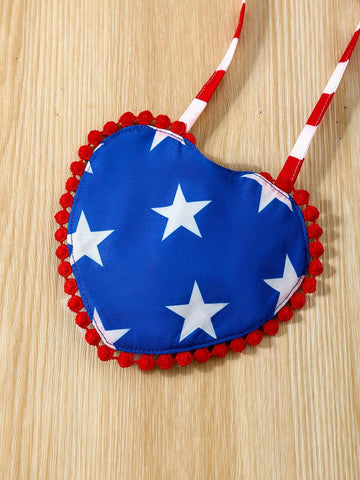 Summer Young Girl Independence Day Button Strap Dress + Lace Stripe Small Crossbody Bag