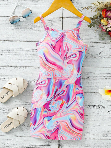Summer Young Girls Allover Print Spaghetti Strap Casual Dress, Polyester Soft Fabric, Fits Ages 4-7