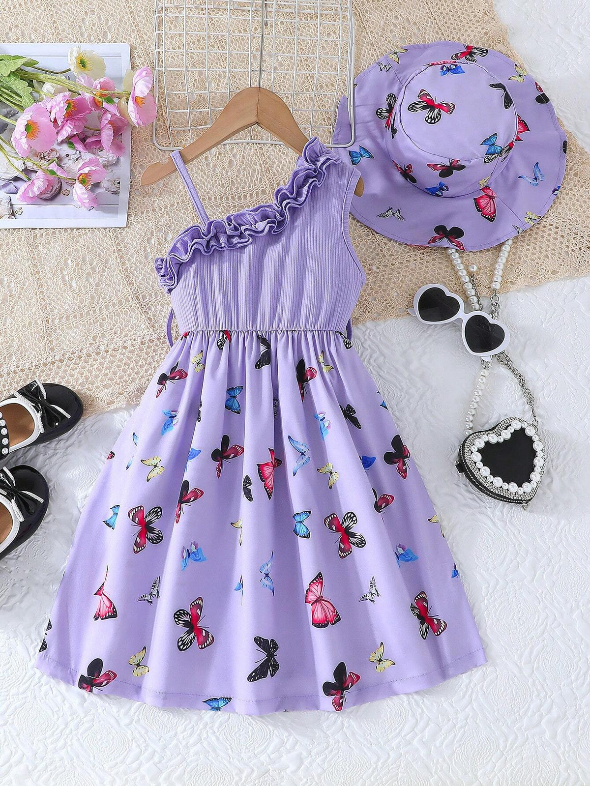 Summer Young Girls' Butterfly Patterned Casual Ruffle Sleeveless Dress With Ruffled Edges