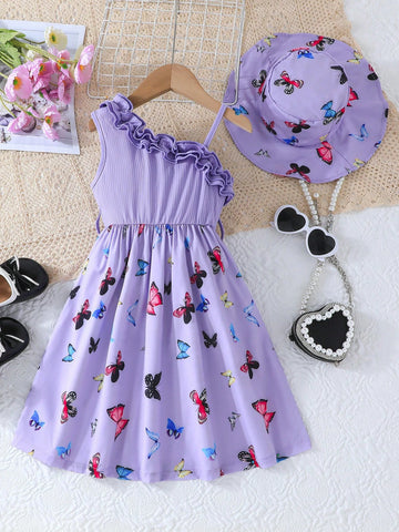 Summer Young Girls' Butterfly Patterned Casual Ruffle Sleeveless Dress With Ruffled Edges