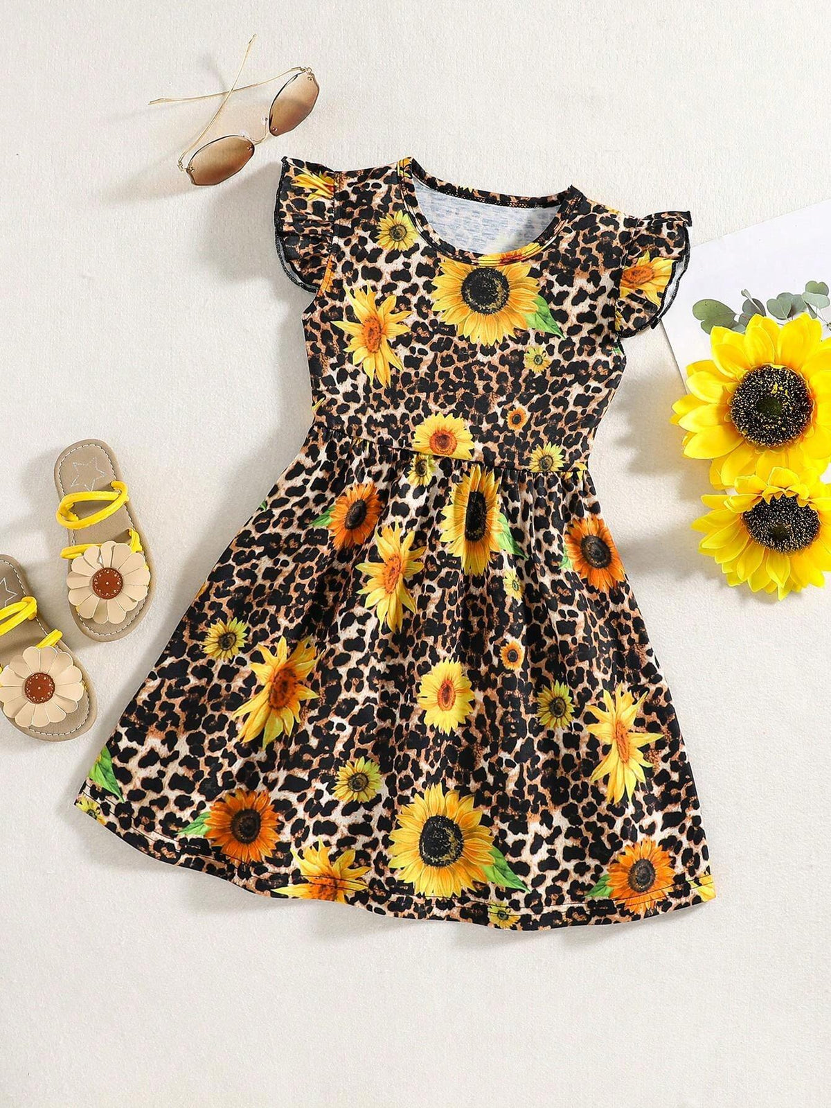 Summer Young Girls' Leopard Print Sunflower Round Neck Dresses With Flutter Sleeves