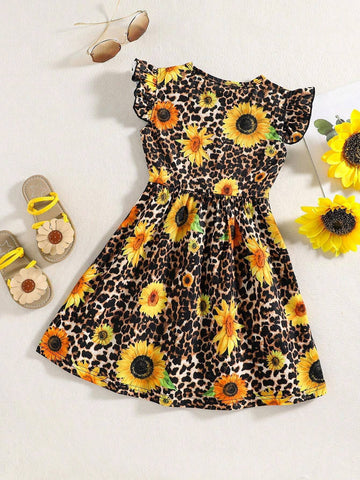 Summer Young Girls' Leopard Print Sunflower Round Neck Dresses With Flutter Sleeves
