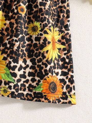 Summer Young Girls' Leopard Print Sunflower Round Neck Dresses With Flutter Sleeves