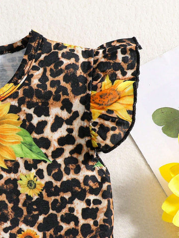 Summer Young Girls' Leopard Print Sunflower Round Neck Dresses With Flutter Sleeves