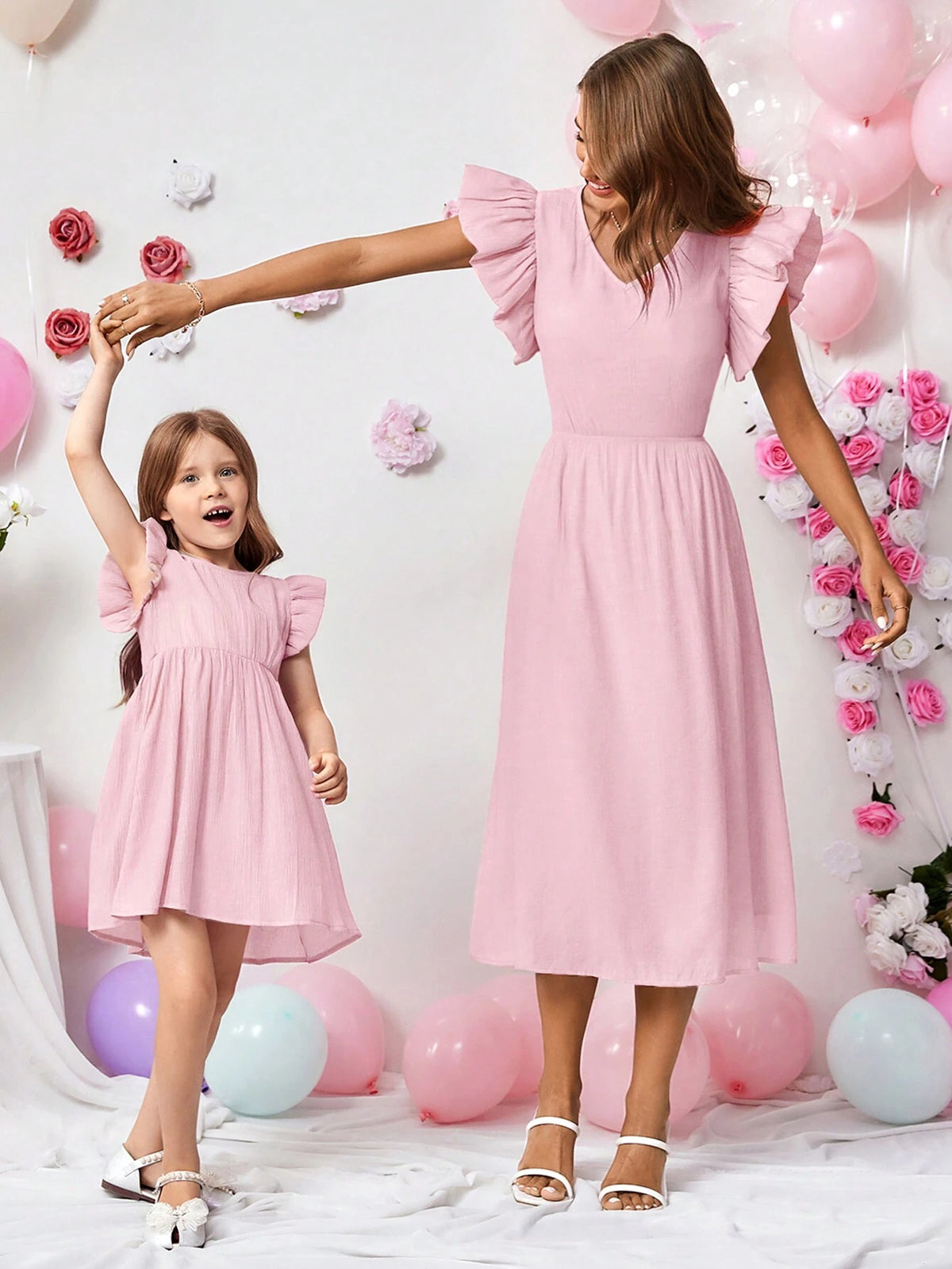 Summer Young Girl's Sweet & Elegant Round Neck Short Sleeves Woven Dress With Tie Back Detail