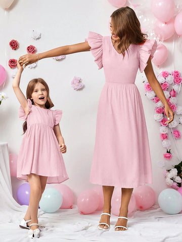 Summer Young Girl's Sweet & Elegant Round Neck Short Sleeves Woven Dress With Tie Back Detail
