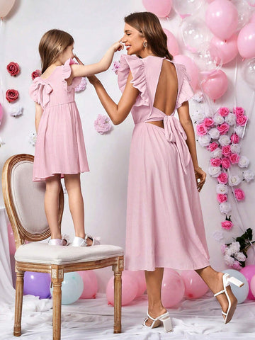 Summer Young Girl's Sweet & Elegant Round Neck Short Sleeves Woven Dress With Tie Back Detail