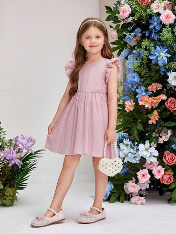 Summer Young Girl's Sweet & Elegant Round Neck Short Sleeves Woven Dress With Tie Back Detail