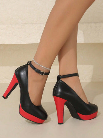 Super High Heel Solid Color Patchwork One-Buckle Strap Elevated Platform Closed Toe