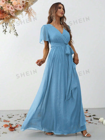 Surplice Neck Belted Chiffon Dress