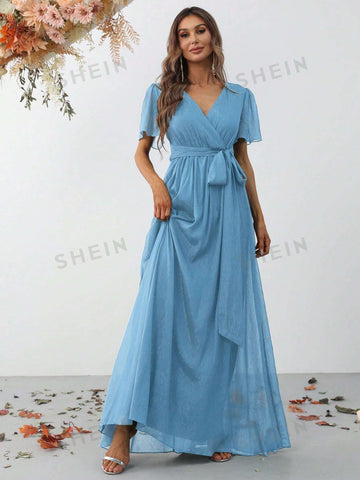 Surplice Neck Belted Chiffon Dress