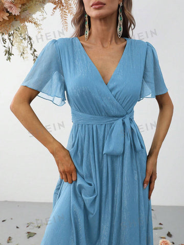 Surplice Neck Belted Chiffon Dress