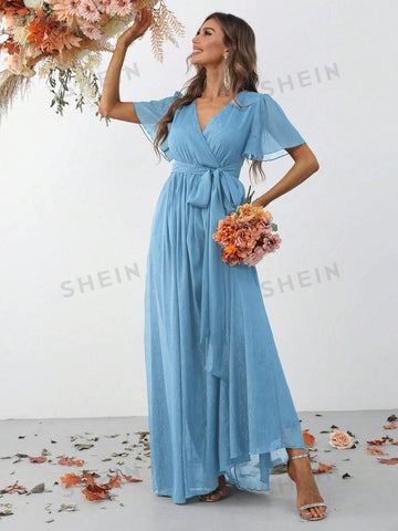Surplice Neck Belted Chiffon Dress