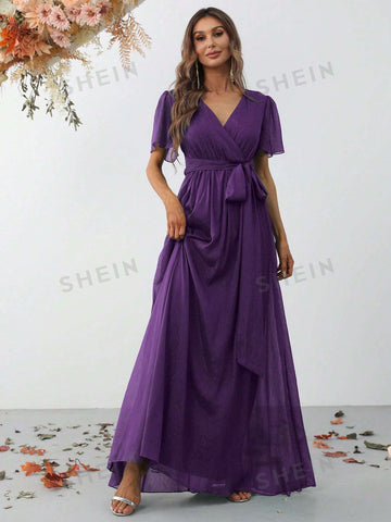 Surplice Neck Butterfly Sleeve Belted Dress