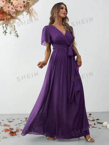 Surplice Neck Butterfly Sleeve Belted Dress