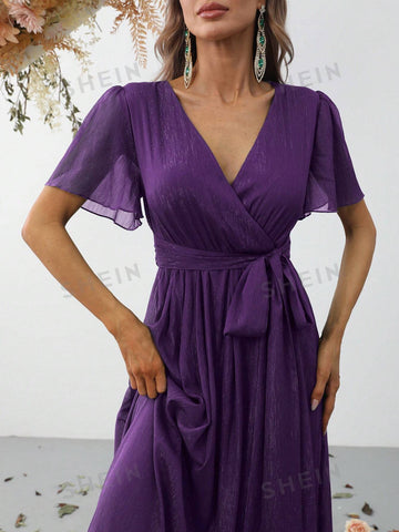 Surplice Neck Butterfly Sleeve Belted Dress