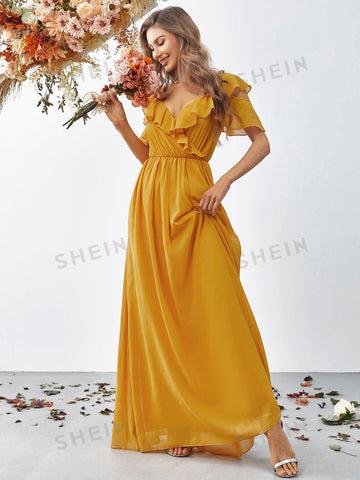 Surplice Neck Butterfly Sleeve Chiffon Dress