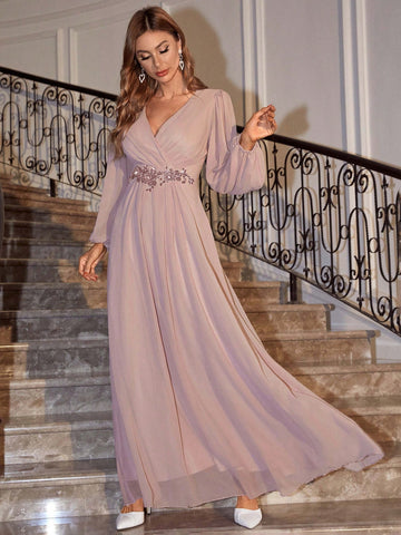 Surplice Neck Contrast Sequins Maxi Dress