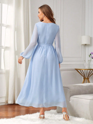 Surplice Neck Lantern Sleeve Belted Chiffon Bridesmaid Dress
