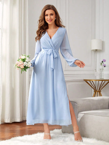 Surplice Neck Lantern Sleeve Belted Chiffon Bridesmaid Dress