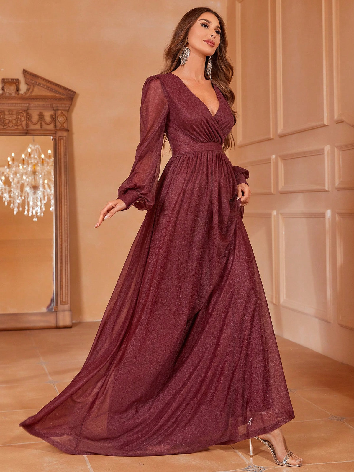 Surplice Neck Lantern Sleeve Glitter Maxi Bridesmaid Dress