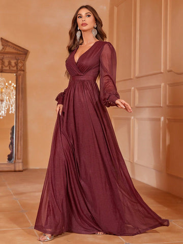 Surplice Neck Lantern Sleeve Glitter Maxi Bridesmaid Dress