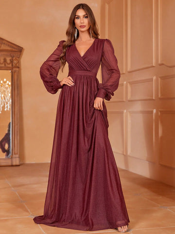 Surplice Neck Lantern Sleeve Glitter Maxi Bridesmaid Dress
