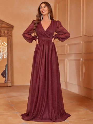 Surplice Neck Lantern Sleeve Glitter Maxi Bridesmaid Dress