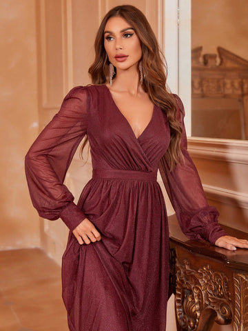 Surplice Neck Lantern Sleeve Glitter Maxi Bridesmaid Dress