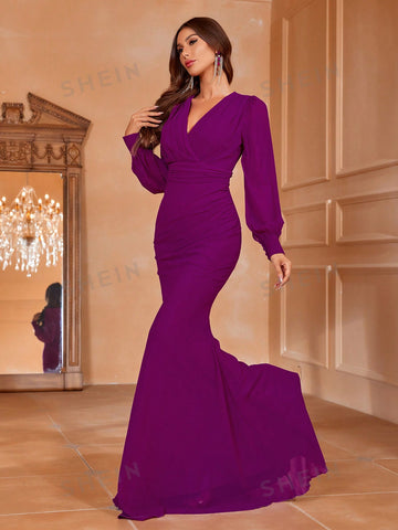 Surplice Neck Lantern Sleeve Mermaid Hem Bridesmaid Dress