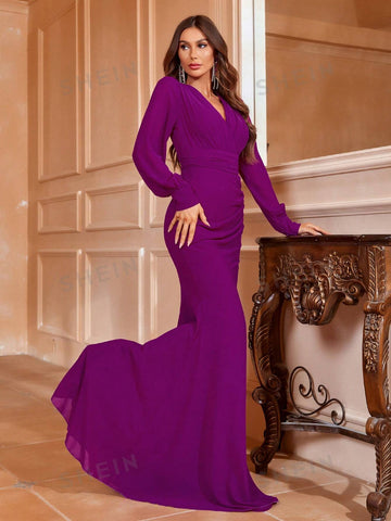 Surplice Neck Lantern Sleeve Mermaid Hem Bridesmaid Dress