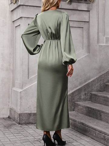 Surplice Neck Lantern Sleeve Split Thigh Satin Dress