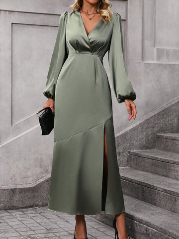 Surplice Neck Lantern Sleeve Split Thigh Satin Dress