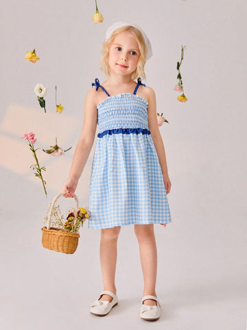 Sweet Blue Grid Dress For Little Girls