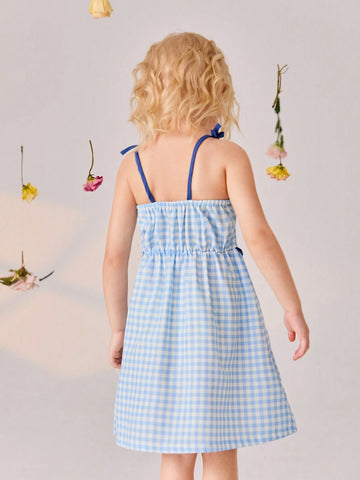 Sweet Blue Grid Dress For Little Girls