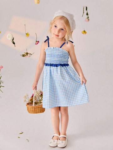 Sweet Blue Grid Dress For Little Girls