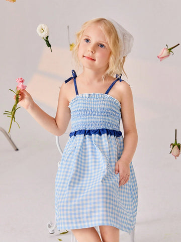Sweet Blue Grid Dress For Little Girls