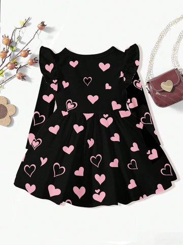Sweet Cat & Heart Print, Young Girl Cute Bow Cartoon Print Fashionable Long Sleeve Dress, Suitable For Autumn/Winter